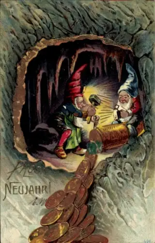 Litho Glückwunsch Neujahr, Zwerge, Münzen