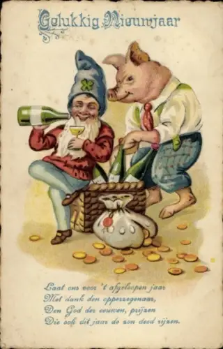 Ak Glückwunsch Neujahr, Zwerg und Schwein trinken Sekt
