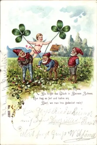 Litho Zwerge, Feld mit Kleeblättern, Engel