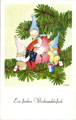 Künstler Ak Payk, H., Glückwunsch Weihnachten, Zwerge, Weihnachtsbaum