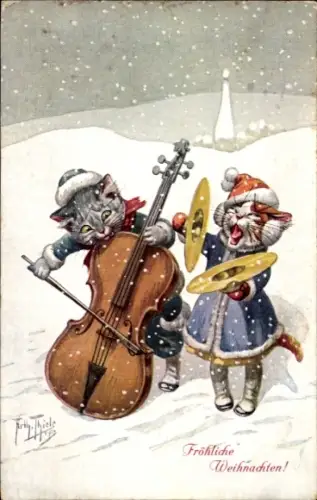 Künstler Ak Thiele, A., Glückwunsch Weihnachten, Musizierende Katzen