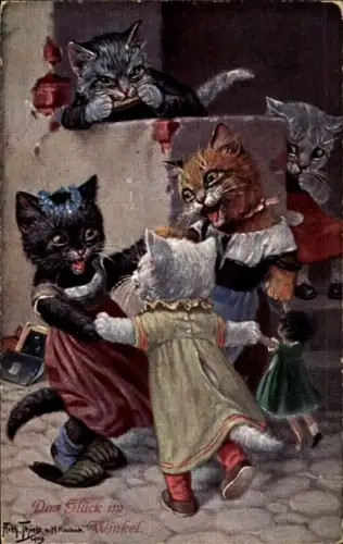 Künstler Ak Thiele, Arthur, Das Glück im Winkel, vermenschlichte tanzende Katzen