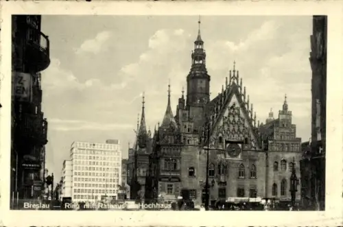 Ak Wrocław Breslau Schlesien, Ring mit Rathaus, Hochhaus