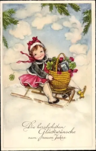 Ak Glückwunsch Neujahr, Mädchen, Schlitten, Klee