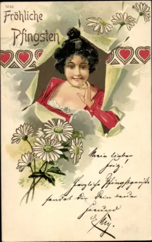 Jugendstil  Ak Glückwunsch Pfingsten, Frauenbildnis