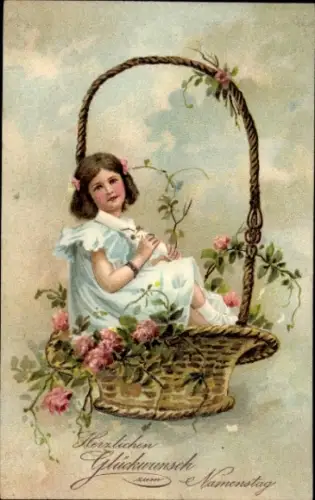 Ak Glückwunsch Namenstag, Mädchen, Blumenkorb