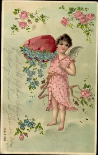 Präge Ak Engel mit Herz, Vergissmeinnicht