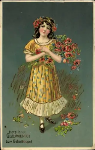 Ak Glückwunsch Geburtstag, Mädchen mit Blumen