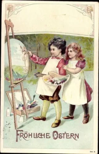 Ak Glückwunsch Ostern, Kinder beim Malen an einer Staffelei, Osterei