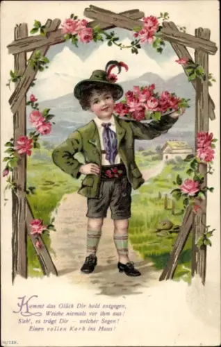 Präge Ak Knabe in bayerischer Tracht, Rosen