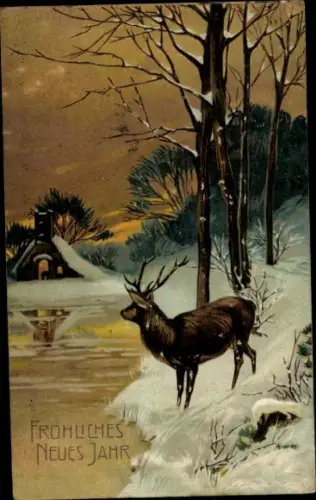 Ak Glückwunsch Neujahr, Hirsch am Wasser