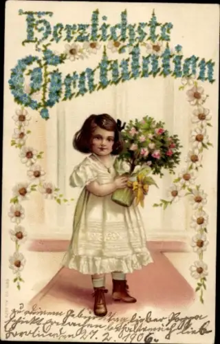 Präge Litho Herzliche Gratulation, Mädchen mit Blumen, Vergissmeinnicht