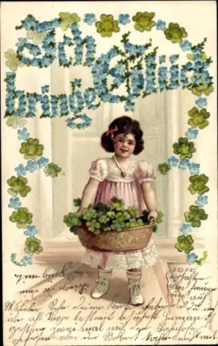 Litho Glücksbringer, Mädchen mit einem Korb voller Kleeblätter