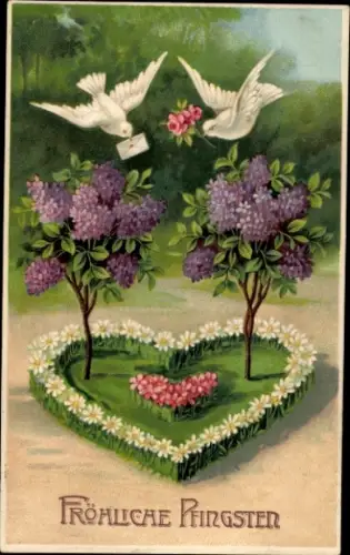 Ak Glückwunsch Pfingsten, zwei Tauben, Flieder, herzförmiges Blumenbeet