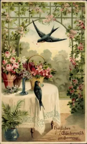 Präge Ak Glückwunsch Geburtstag, Blumen, Schwalben