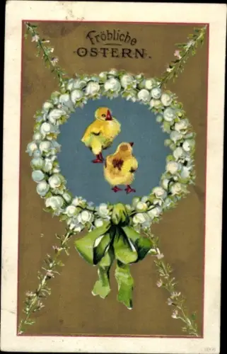 Ak Glückwunsch Ostern, Küken, Maiglöckchenkranz