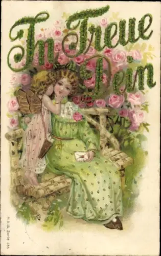 Präge Litho In Treue Dein, Frau auf einer Bank, Liebesengel, Brief, Rosen