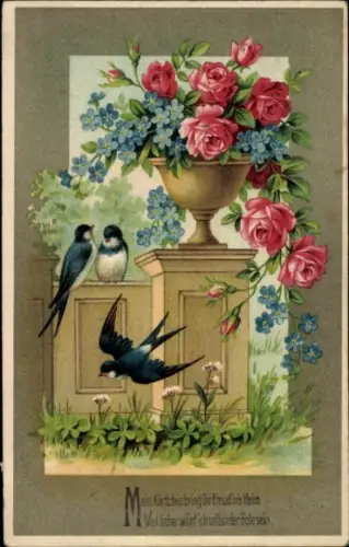 Präge Ak Kitsch, Schwalben, Rosen