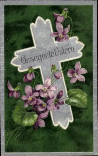 Präge Ak Gesegnete Ostern, Flieder, Kreuz