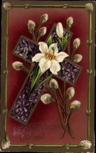 Präge Ak Fröhliche Ostern, Weidenkätzchen, Kreuz