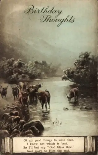 Ak Glückwunsch Geburtstag, Landschaftsmotiv, Ochsen am Fluss