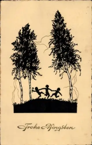 Scherenschnitt Ak Glückwunsch Pfingsten, tanzende Kinder