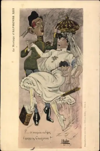 Künstler Ak König Alfons XIII. mit Gemahlin, Karikatur