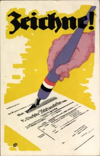 Ak Zeichne, 5. Deutsche Reichsanleihe, Hand mit Füller