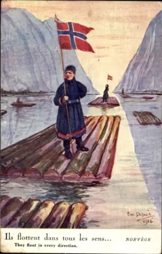 Künstler Ak Dupuis, Emil, Norvege, Nos bois malgré les sous marins traversent les mers, Flößer