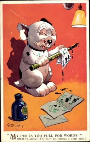 Künstler Ak Hund Bonzo schreibt einen Brief, Tinte