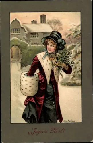 Künstler Litho Dame im Wintermantel, Mistelzweige, Munk 284