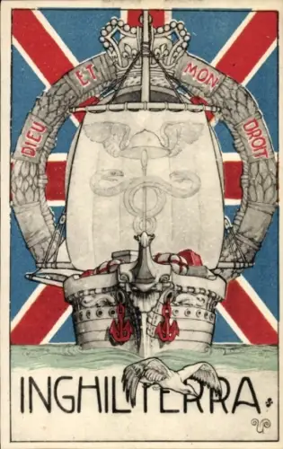 Wappen Ak Inghilterra, England, Segelschiff, Flagge, Motto, Möwe