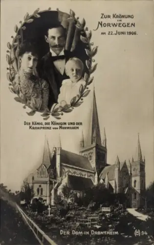 Ak Trondheim Norwegen, Dom, König Haakon VII., Könign Maud, Kronprinz Olav, Krönung am 22. Juni 1906