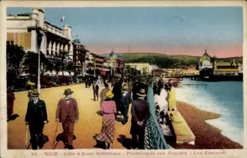 Ak Nice Nizza Alpes Maritimes, Promenade mit Spaziergängern, Palmen, Casinos, Meeresufer mit Mole