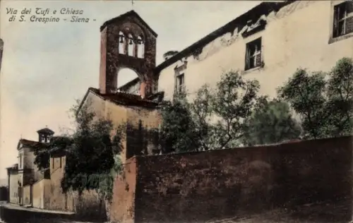 Ak Siena Toscana, Glockenturm mit Arkaden, Kirchengebäude mit Fenstern, Mauer an Straße, Bäume