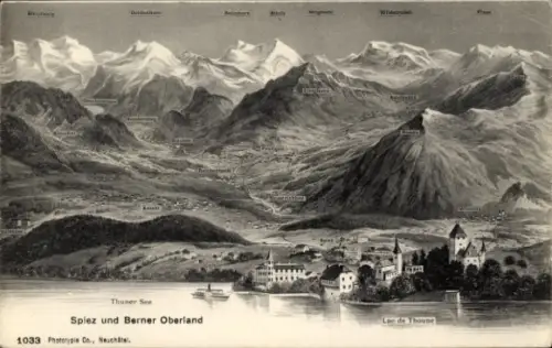 Ak Berner Oberland Kanton Bern Schweiz, beschriftete Berge, Seeufer mit Ort, Schiff auf dem See, 