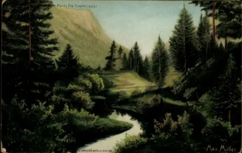 Ak Saurboe Norwegen, Bachlauf, dichter Nadelwald, Berg im Hintergrund, gedruckte Bildzeile, Signa