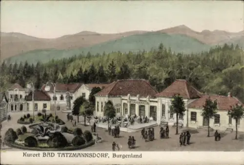 Ak Bad Tatzmannsdorf im Burgenland, Gebäude mit Terrasse, Menschen, Springbrunnen, Zierbeete, Bäu