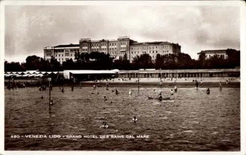 Ak Lido di Venezia Veneto, Badegäste im Meer, Ruderboot, Strandkabinen, Badevorbau, Hotel, Text '