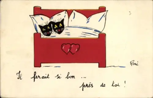 Künstler Ak Rene, Zwei schwarze Katzen im Bett