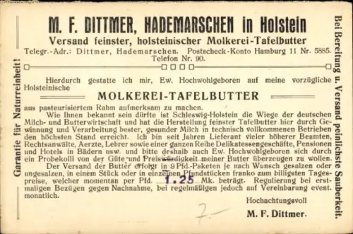 Ak Hademarschen in Holstein, Versand holsteinischer Molkerei-Tafelbutter, M. F. Dittmer
