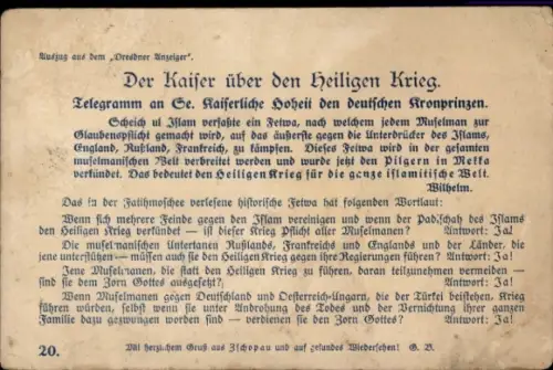 Ak Kaiser über den Heiligen Krieg, Telegramm