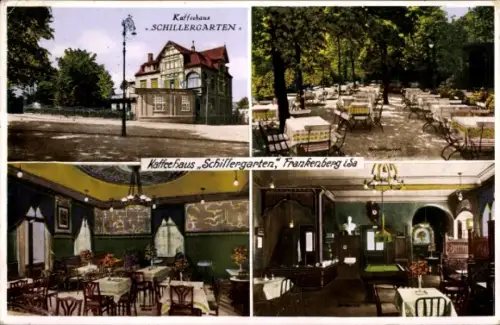 Ak Frankenberg an der Zschopau Sachsen, Kaffeehaus Schillergarten,  Garten, Gastraum