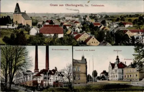 Ak Oberlungwitz in Sachsen, Gruss aus  Sa. Totalansicht, Elektrizitätswerk, Gasthof zum Lamm, Rat