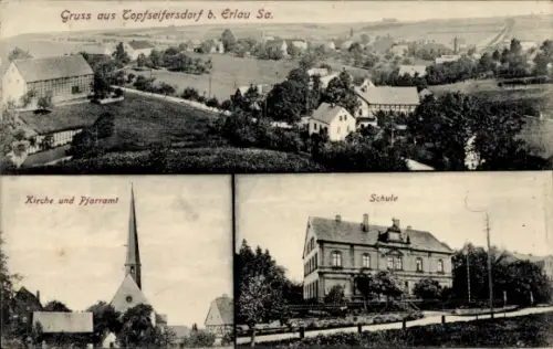 Ak Topfseifersdorf Königshain Wiederau in Sachsen, Gesamtansicht, Kirche und Pfarramt, Schule