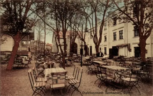 Ak Guben in der Niederlausitz, Etablissement Sanssouci,  Biergarten