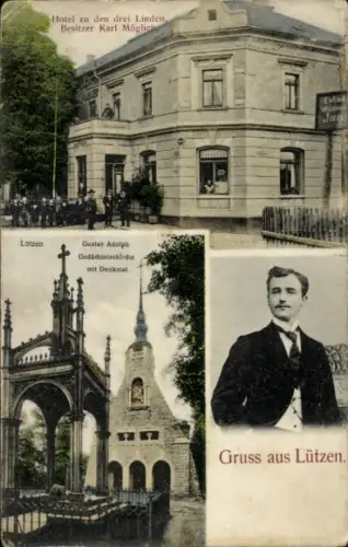 Ak Lützen im Burgenlandkreis, Hotel zu den drei Linden, Gustav Adolph Gedächtniskirche mit Denkma