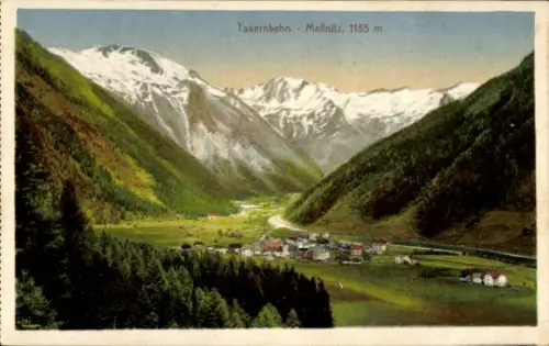 Ak Mallnitz in Kärnten, Tal mit schneebedeckten Bergen, Nadelwald, Wiesen, Dorf, Bahn