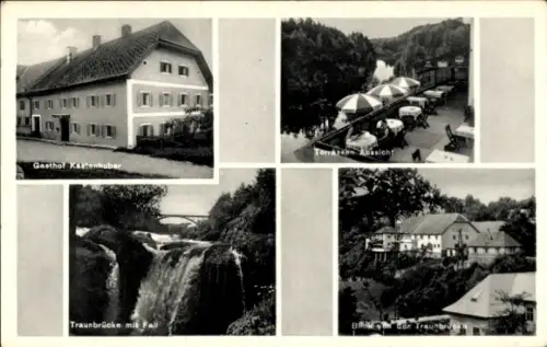 Ak Desselbrunn Oberösterreich, Gasthof Kastenhuber, Terrasse, Traunbrücke, Wasserfall