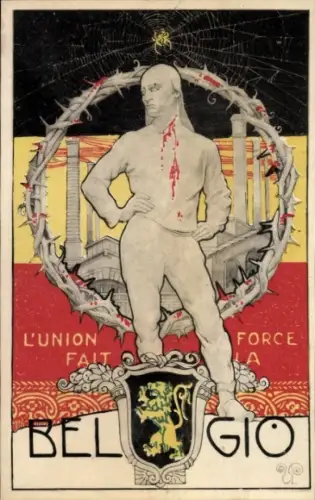 Künstler Ak Belgio, L'Union fait la force, Belgien, Verwundet, Dornenkrone, Kreuzspinne, I. WK